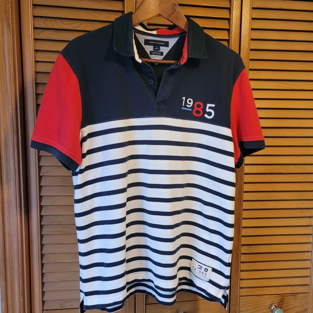 Tommy Hilfiger Red, Blue & White 1985 Striped Polo V-neck